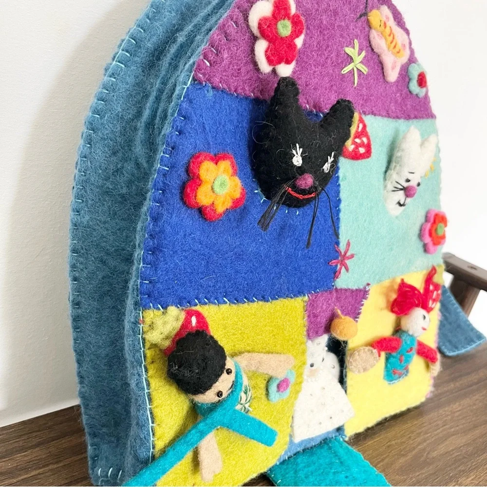 Handmade Felt Patchwork Backpack with Fun Characters and Hidden Angel Blue Rare